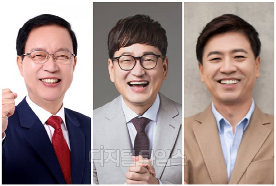 (왼쪽부터) 고석 국민의힘 경기 용인병 후보, 개그맨 김영민씨, 부승찬 더불어민주당 용인병 후보. <디지털타임스 DB>